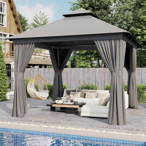 AOXUN Outdoor Gazebo for Patio 10x12, Metal Frame Canopy with Double Roofs, Heavy Duty Party Tent and Shelter with Mosquito Netting and Privacy Screen for Backyard, Lawn, Garden, Deck