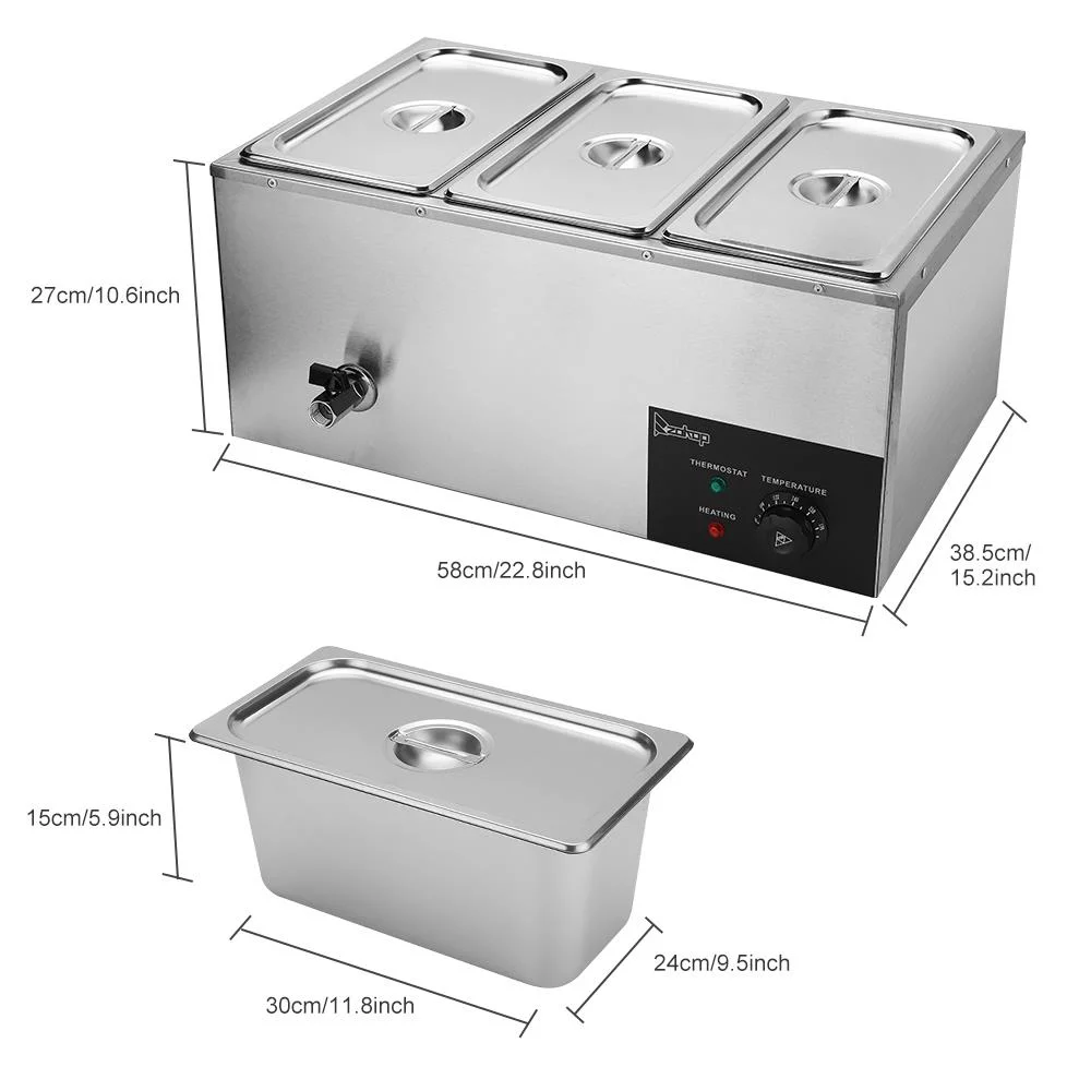 ZOKOP 6.9Qt 3-Pan Commercial Electric Food Warmer Stainless Steel Buffet Bain Marie Food Warmer