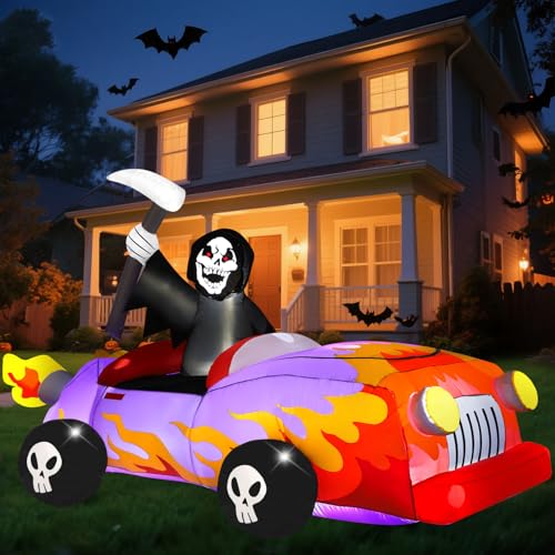 Joiedomi 8ft Long Halloween Inflatable Grim Reaper Driving Car, Halloween Inflatable Outdoor Decoration with Build-in LEDs, Blow Up Yard Decorations for Garden Party Holiday Lawn Decor