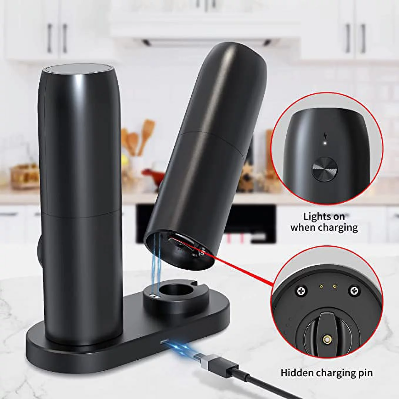 LEZZYRUCK Electric Salt and Pepper Grinder Set of 2,Automatic Pepper Mill,USB Rechargeable,Adjustable Coarseness,Auto Grinders with Charging Base LED Light