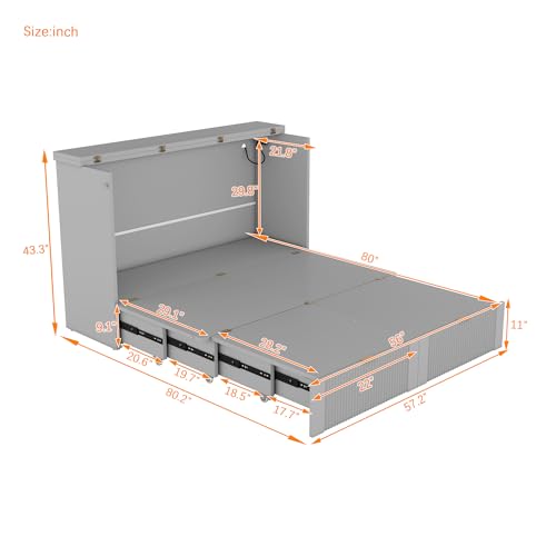 Harper & Bright Designs Full Size Murphy Bed, Wood Full Wall Bed with Drawer and a Set of Sockets & USB Ports, Pulley Structure Design, Gray