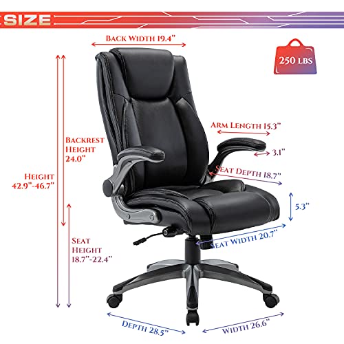 Executive Office Chair-Ergonomic Computer Desk Chair, High Back Leather Chair with Padded Flip-up Arms, Swivel Home Office Chair Upgraded Caster-Black