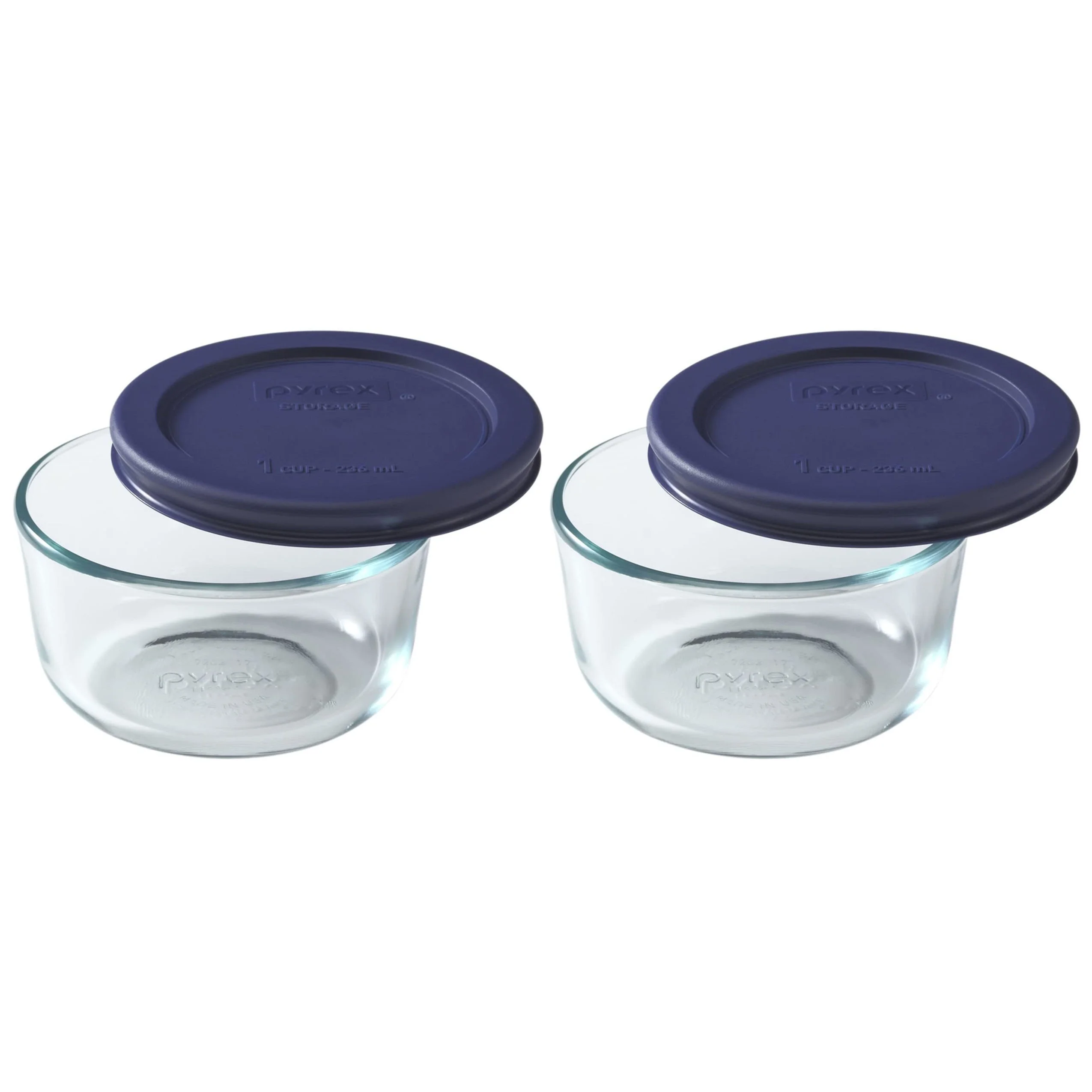 Pyrex 7202 1-Cup Clear Round Glass Food Storage Bowl and 7202-PC Blue Plastic Lid (2-Pack)