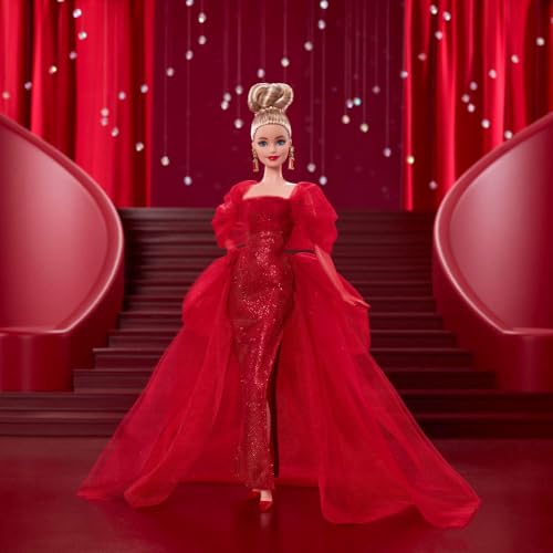 Barbie Signature Doll, Mattel 80th Anniversary Collectible in Glittery Red Tulle Gown with Drop Earrings and Sheer Gloves, Blonde Hair