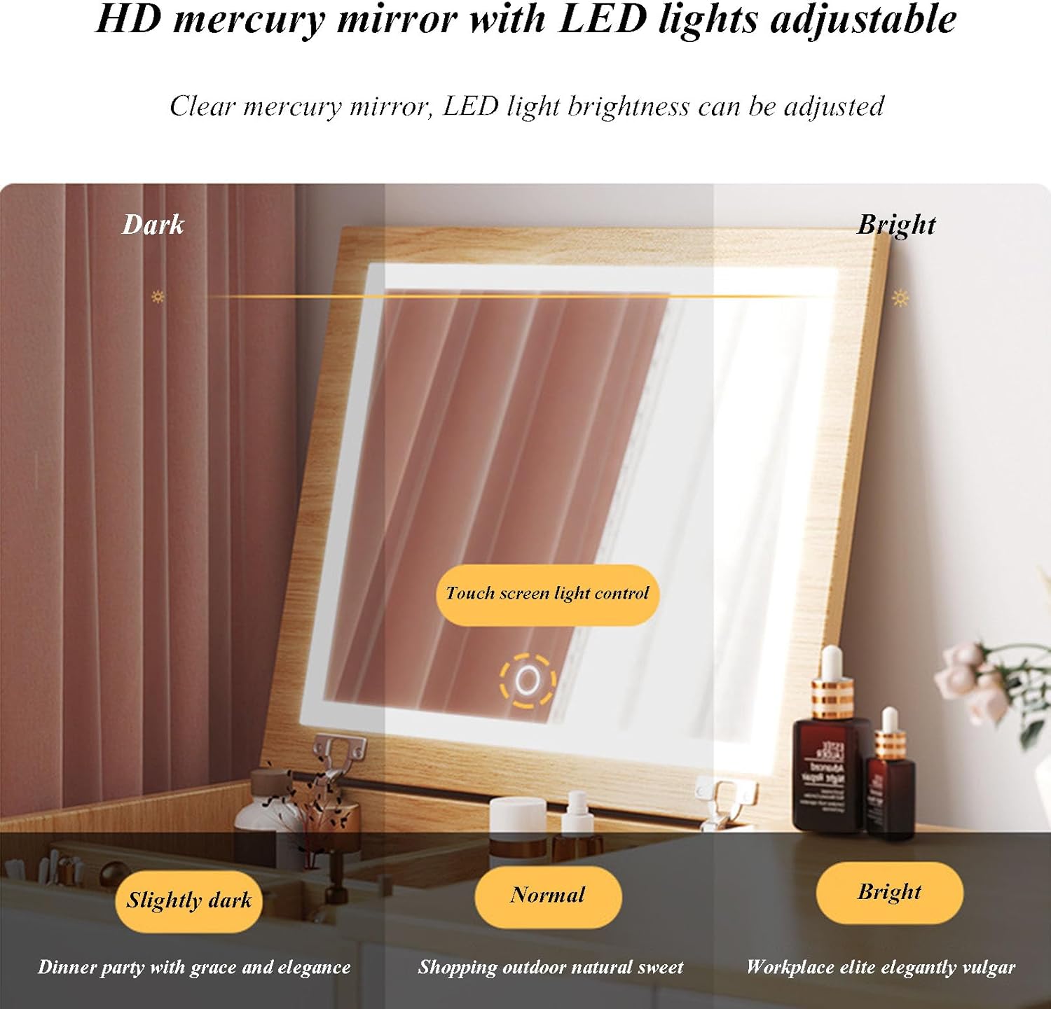 Dressing Table with Flip Top Mirror and Drawer, 3 Colors Touch Screen Adjustable Brightness, Small Makeup Vanity Study Table for Bedroom or Dormer Window