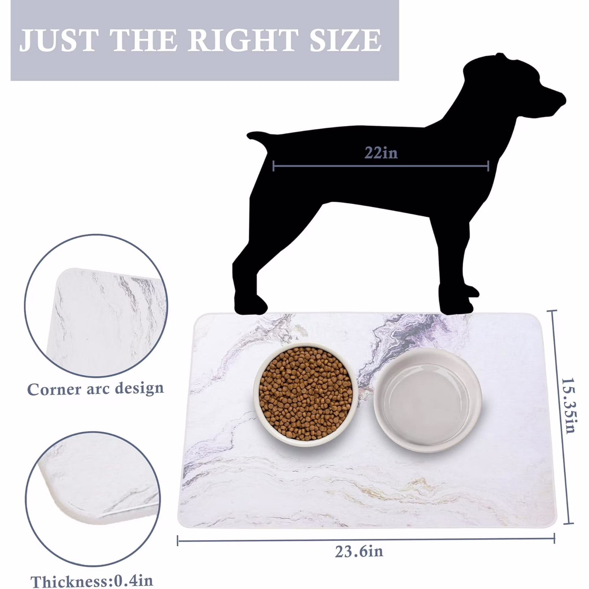 Large Stone Dog Food Mat, Absorbent Pet Feeding Mat, Anti-Slip Water & Food Mat, Quick Drying for Messy Drinkers, White Painted Marble 24''x16''