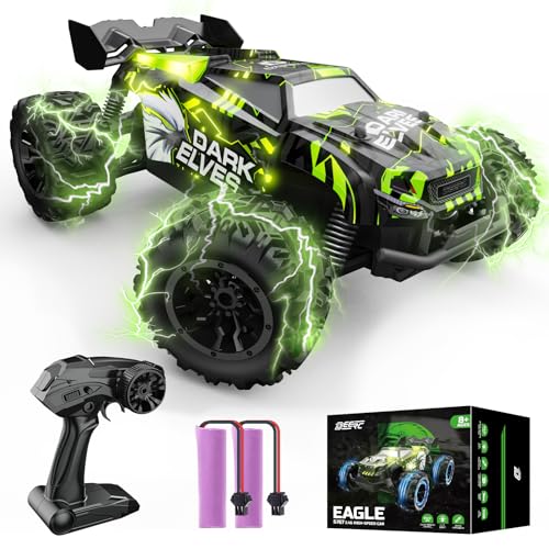 DEERC Remote Control Car with LED Colorful Lights, 1:18 RC Truck for Boys, 2.4Ghz Monster Truck Toy with 2 Batteries, All Terrain Auto Mode Off-Road Race Car, Toys Gifts for Boys Kids Girls
