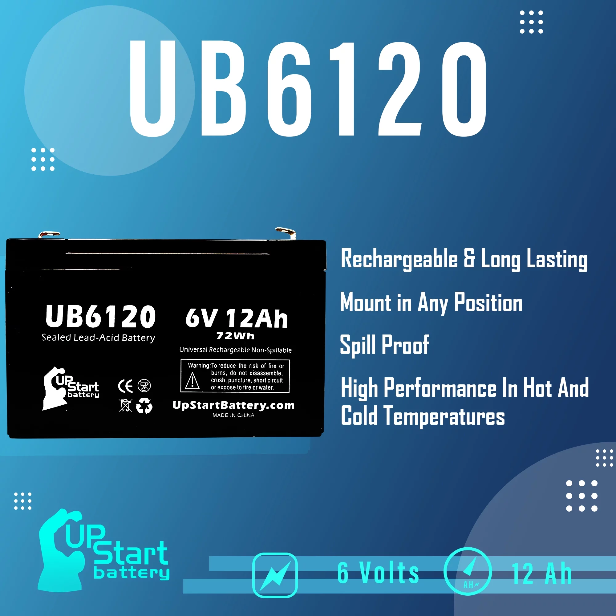 5x Pack - Compatible W. W. GRAINGER 5VC16 Battery - Replacement UB6120 Universal Sealed Lead Acid Battery (6V, 12Ah, 12000mAh, F1 Terminal, AGM, SLA) - Includes 10 F1 to F2 Terminal Adapters