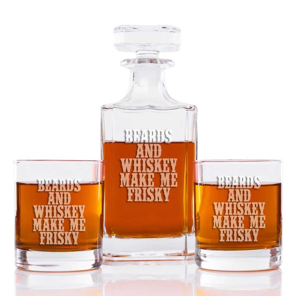Beards And Whiskey Make Me Frisky 26 oz. Classic Square Decanter and Rocks Glasses (Set of 3)