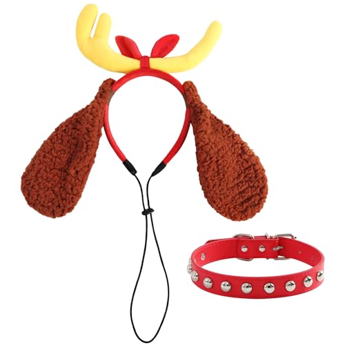 Christmas Deer Antler Dog Costume Reindeer Dog Ears Headband Red Collar for Medium Large Dogs Pets Elastic Band Halloween Party Accessories for Max