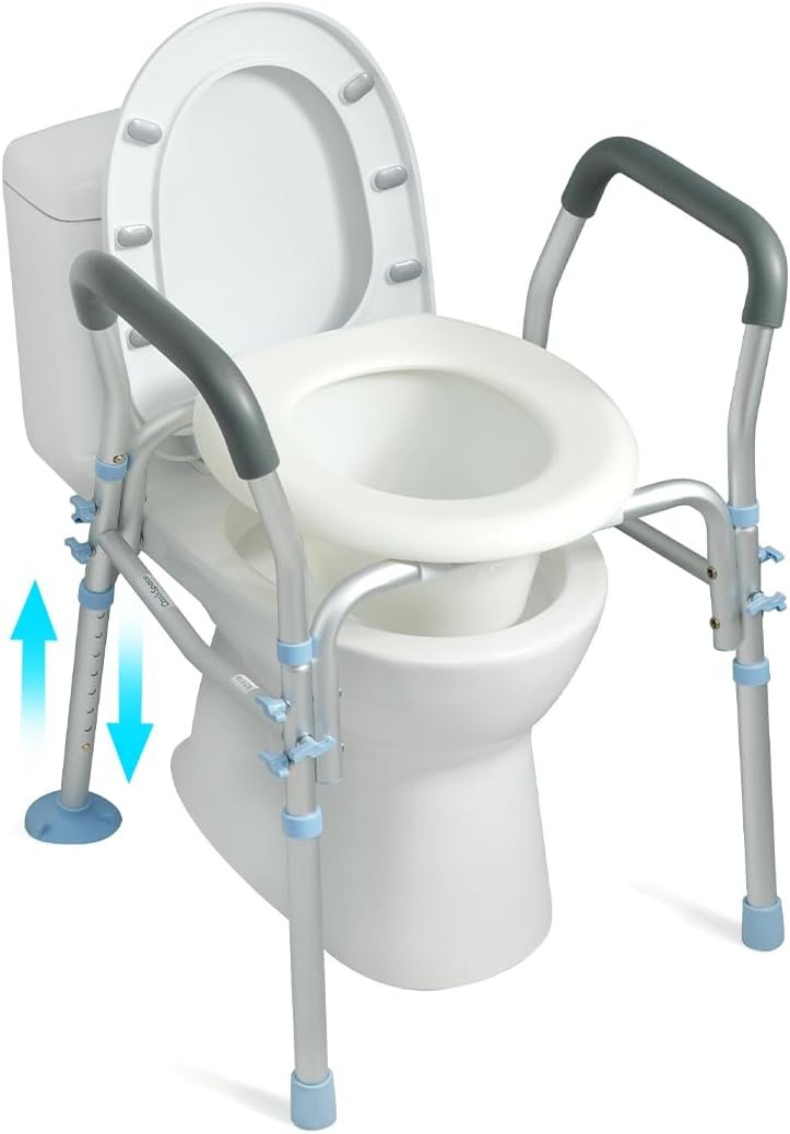 OasisSpace Stand Alone Raised Toilet Seat 300lbs - Medical Raised Commode toilet with splash guard and Safety Frame, Height Adjustable Legs, Bathroom Assist Frame for Elderly, Handicap, Disabled