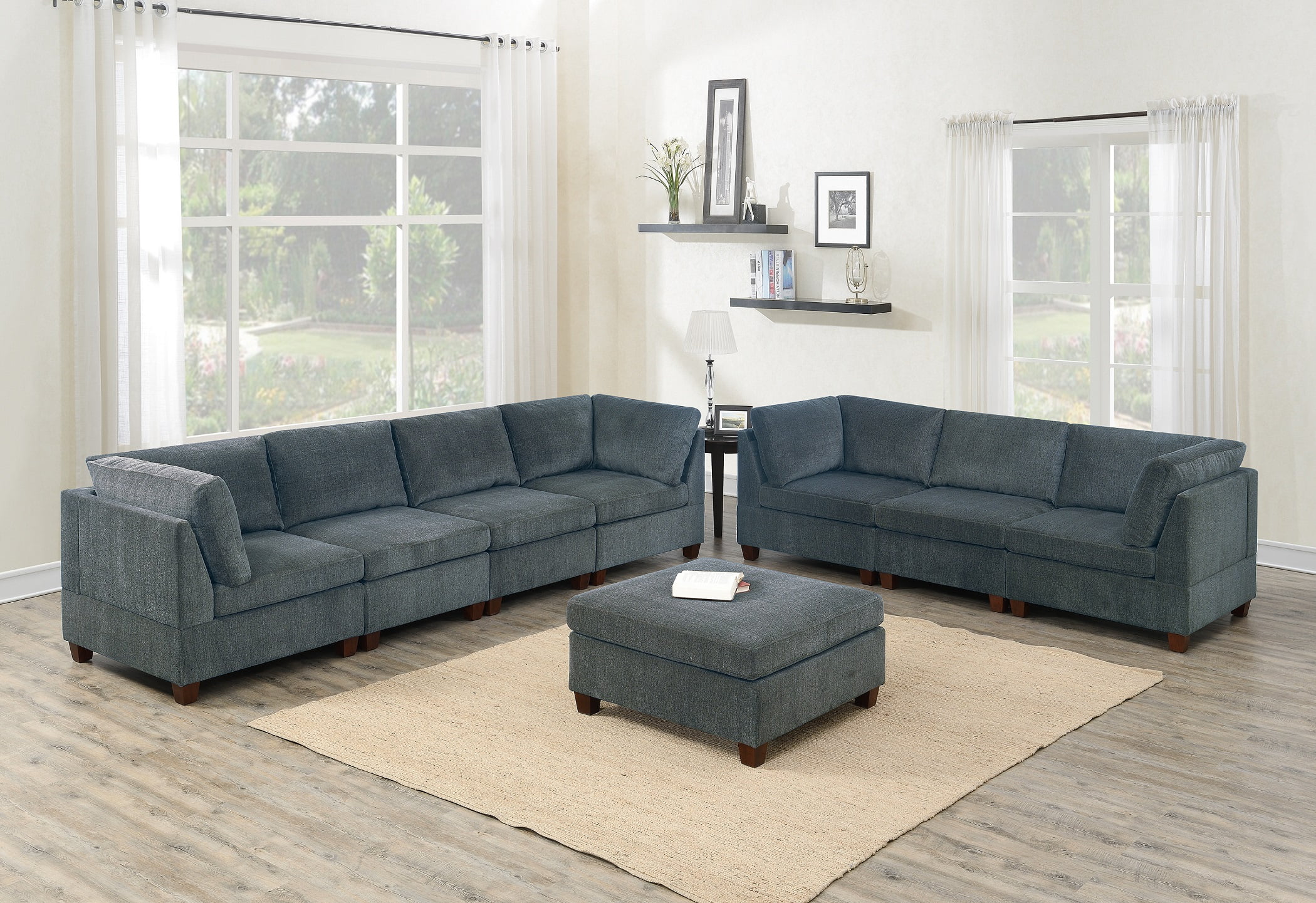 Unique Modular 8pc Sofa Set Grey Chenille Fabric Wood Legs 4 x Corner Wedge 3x Armless chairs and 1 x Ottoman Living Room