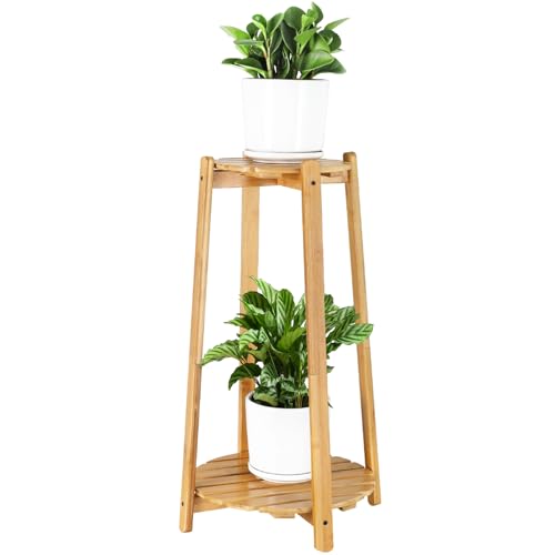 2 Tier Round Bamboo Plant Stands Shelves Indoor 12 Inch,Corner Flower Pot Stands Shelf, Wooden Tall Plant Pedestal Holder Rack for Succulent Catus Display in Living Room Patio Balcony Outdoor