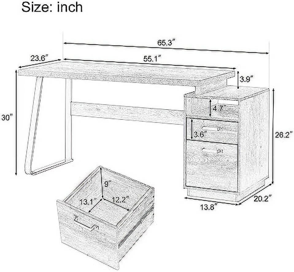 65.3" Mid Century  Desk   Office Computer Desk with Drawers/Hanging Letter-Size Files  Writing Study Table  Easy Assembly (Brown)