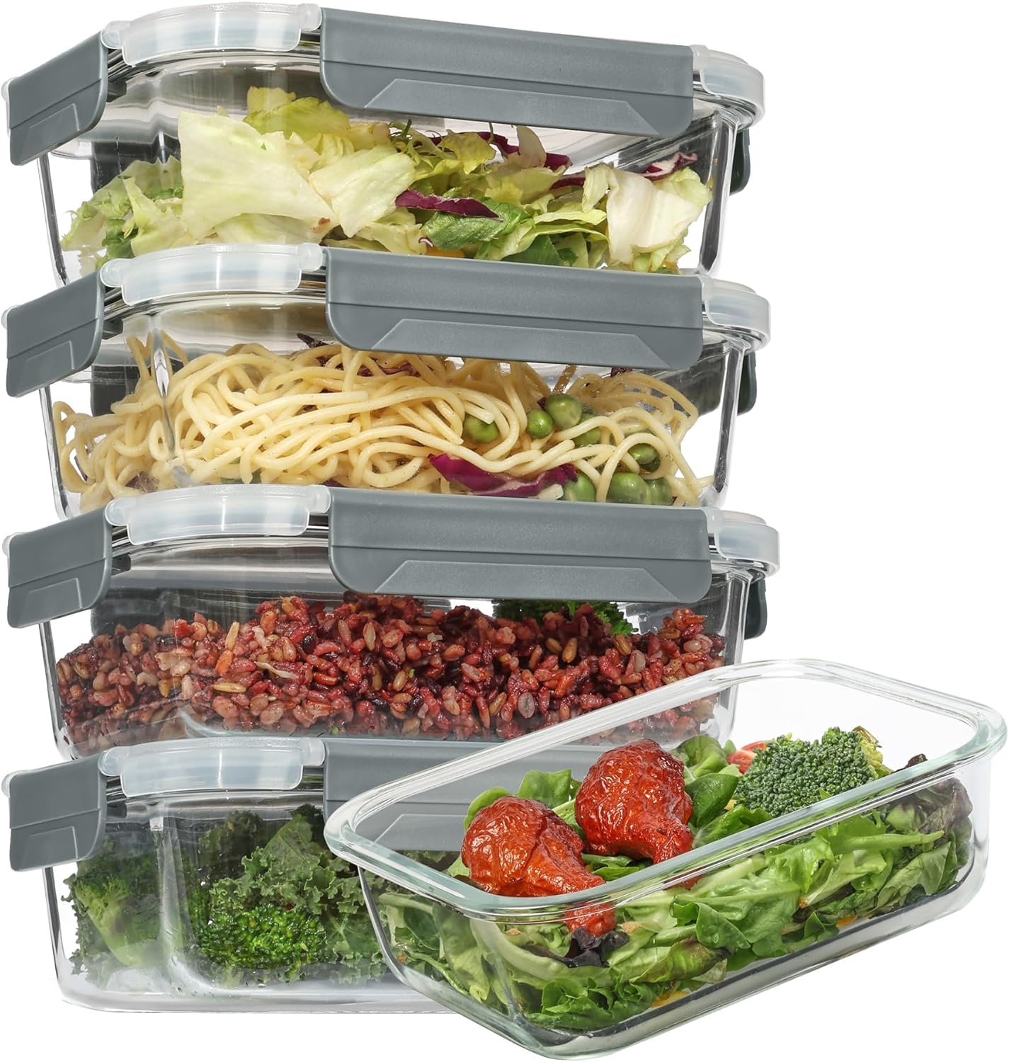 Vtopmart 5 Pack 35oz Glass Food Storage Containers with Lids, Meal Prep Containers, Airtight Lunch Containers Bento Boxes with Snap Locking Lids for Microwave, Oven, Freezer and Dishwasher