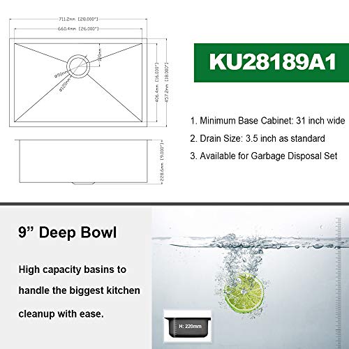 Kichae 12“ Deep Laundry Sink Undermount - 24 Inch Black Undermount Utility Sink Stainless Steel Single Bowl Under Counter Handmade Laundry Utility Room Basin