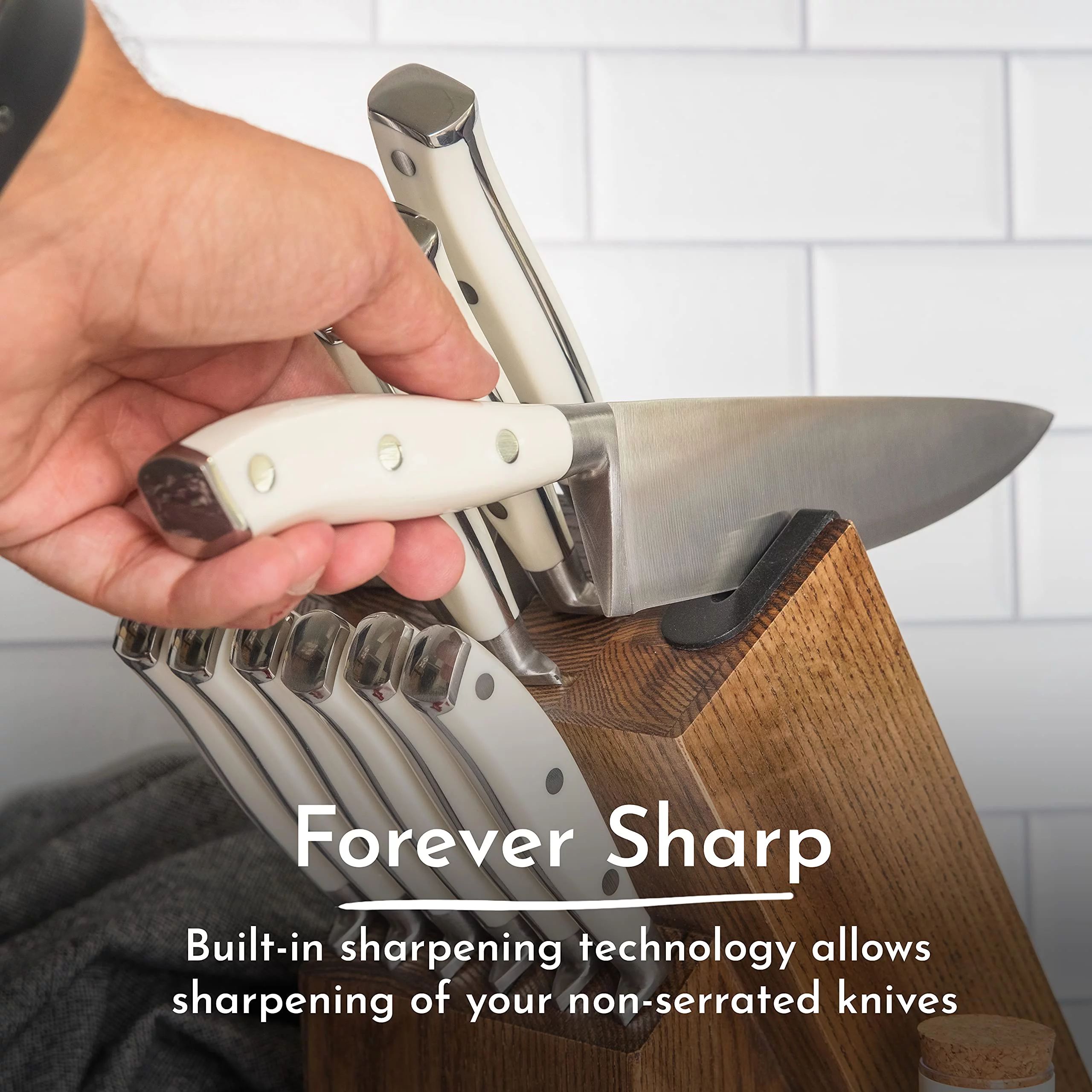 Styled Settings White Stainless Steel Knife Set with Walnut Block with Sharpener