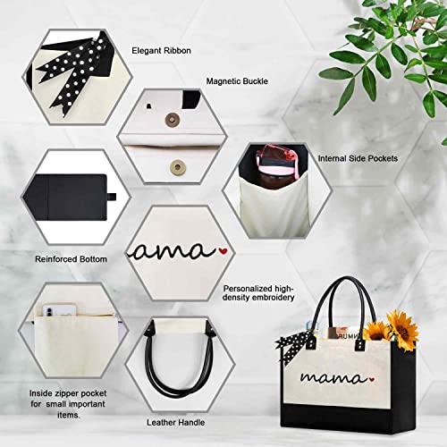 BeeGreen Mother's Day Gifts Personalized Women's Large White and Black Canvas Tote Bag, Embroidered Initials, Leather Handle, Zipper Closure