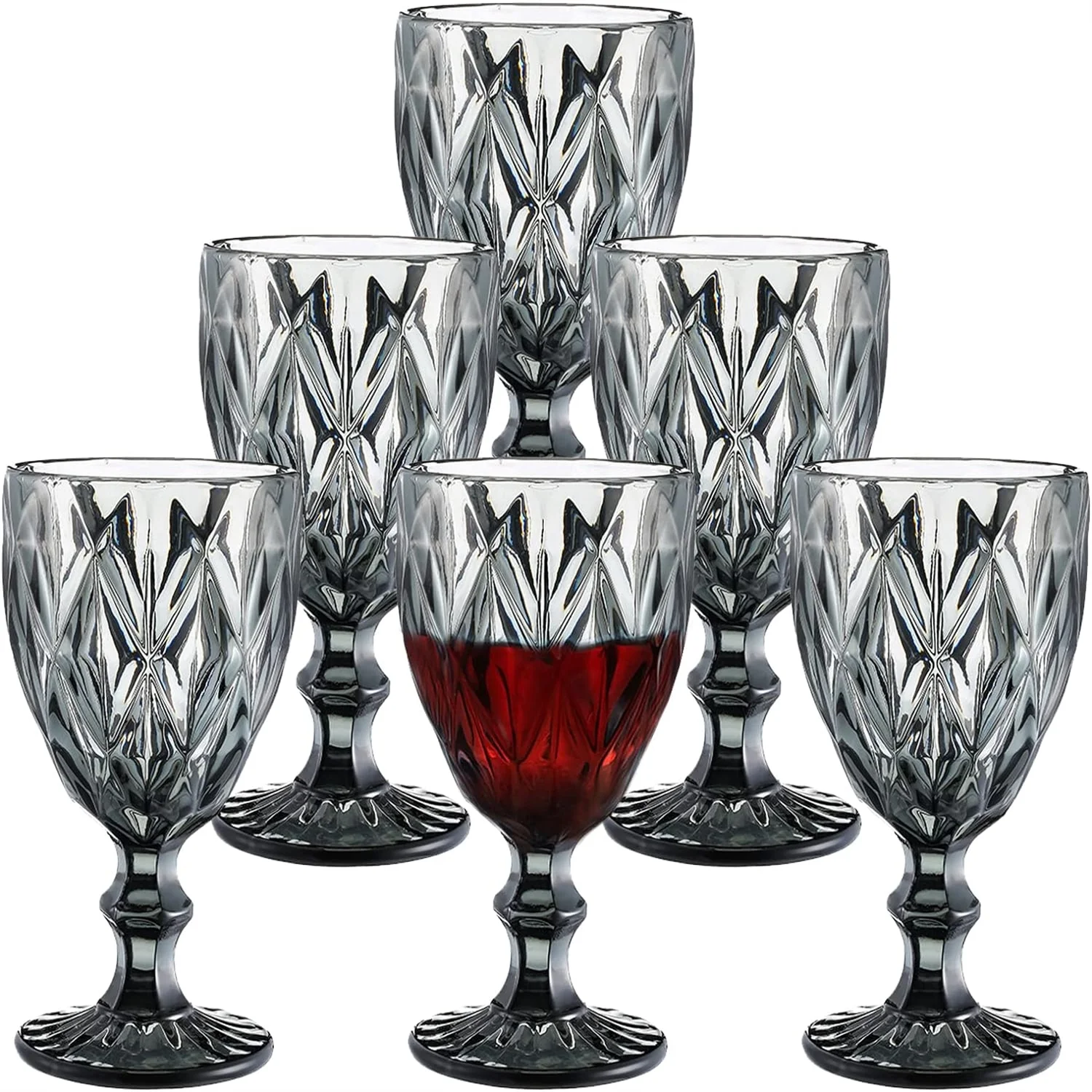 NIERBO Wine Glass Set of 6, 8 Ounce Smoke Gray Rhomboid Pattern Wine Goblets, Vintage Blue Drinking Glasses for Wedding Party Bar Holidays Anniversary