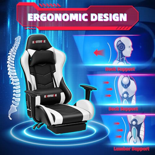 ECOTOUGE PC Massage Gaming Chair with Footrest Ergonomic Office Desk Chair Racing PU Leather Recliner Swivel Rocker with Headrest and Lumbar Pillow, Blue