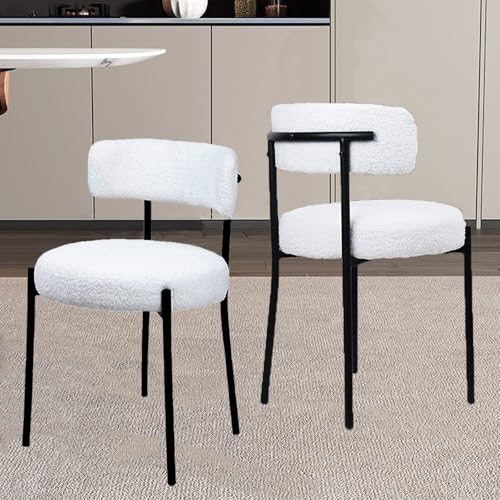 CLATINA White Boucle Dining Room Chairs, Dining Chairs Set of 1, Mid-Century Modern Kitchen Chair Curved Backrest Round Upholstered Sherpa Dining Chair with Metal Legs
