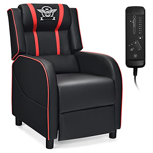 Giantex Gaming Recliner Chair, Adjustable Massage Gaming Chairs for Adults, Ergonomic Comfortable Lounge Leather Sofa w/Footrest, Remote Control & Side Pocket, Racing Style Single Sofa Recliners, Red