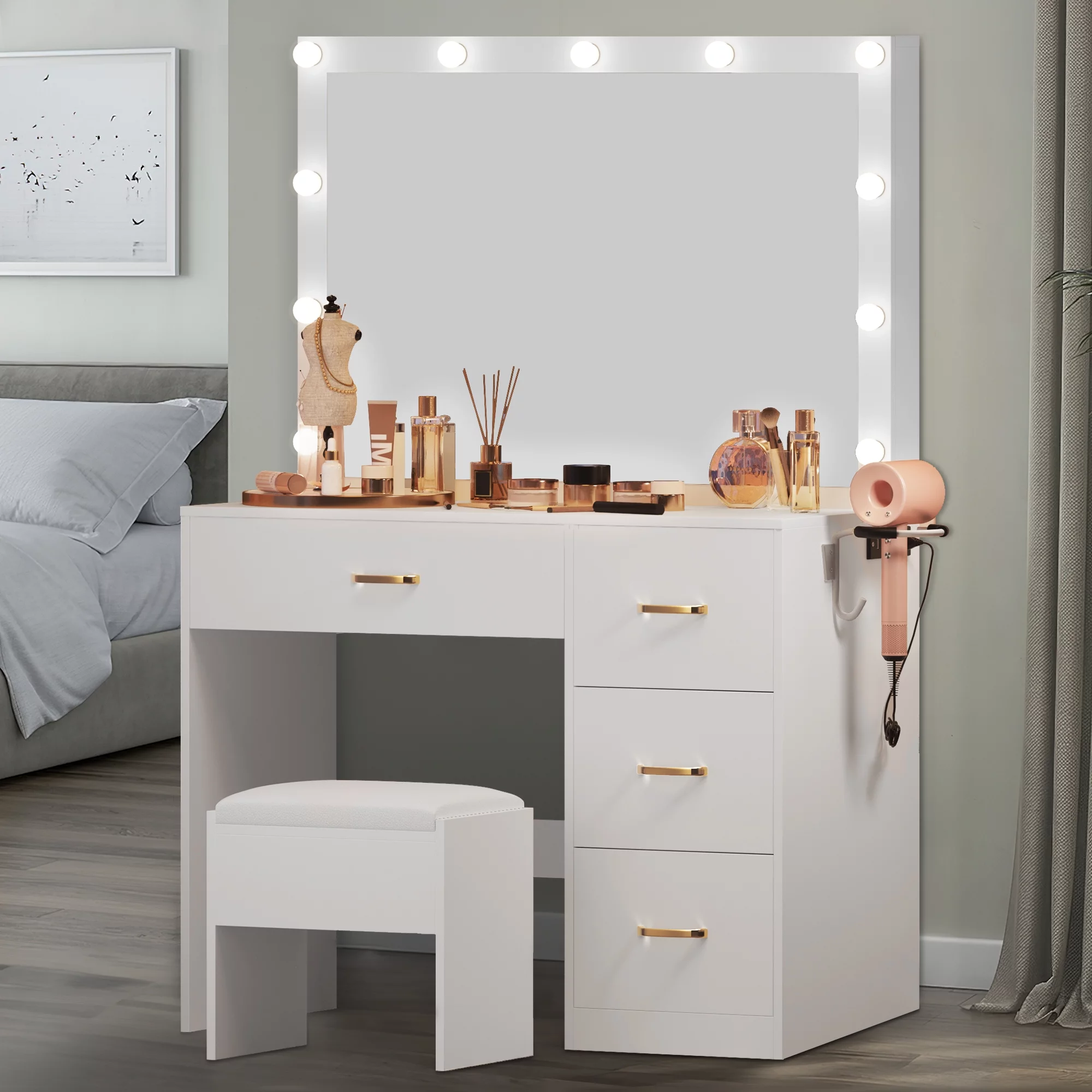 Dextrus  Makeup Vanity Ensemble,Generously Sized Illuminated Mirror, Vanity Featuring Electrical Outlet, 3 Versatile Lighting Modes, Customizable Brightness, and 4 Storage Drawers for Women Girls