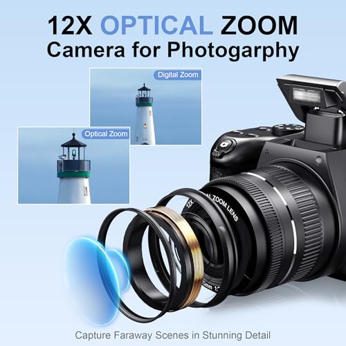 4K Digital Cameras for Photography, 12X Optical Zoom 72MP Vlogging Camera for YouTube with 270°Flip Screen, Autofocus & Anti-Shake Cameras, Wi-Fi & App-Controlled 4K Camera, 2 Batteries, 32GB SD Card