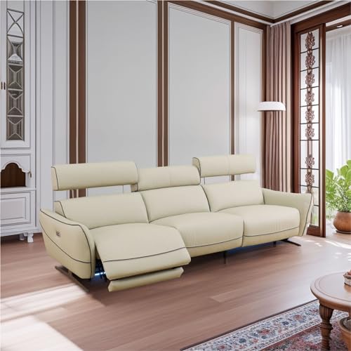 Beige Top Grain Leather and PVC 3-Piece Living Room Recliner Sofa Set for Living Room/House/Bedroom/Office/Apartment(White,LAC)