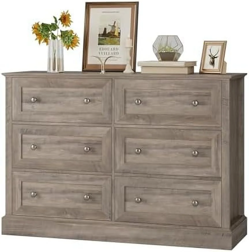 6 Drawer Double Dresser  Wood Dresser Chest  Wide Chest of Drawers with Deep Drawers & Mental Double Handles for Hallway Living Room  Wash Gray