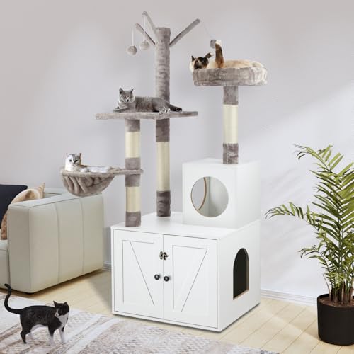 Cat Tree Tower with Litter Box Enclosure, 2-in-1 Wooden Cat Condo with Sisal Scratching Post, Hammock, Brown