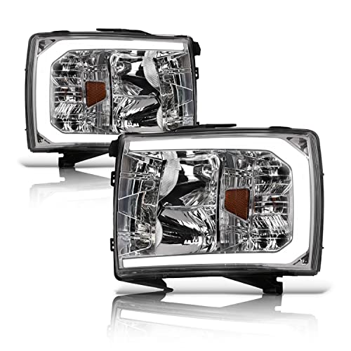 Alpha Owls 8712252 Crystal Headlights With Switchback Sequential LED Light Bar & Startup Light - Black Amber Fits 2007-2013 Chevy Silverado 1500/2007-2014 2500 3500 HD Halogen Models