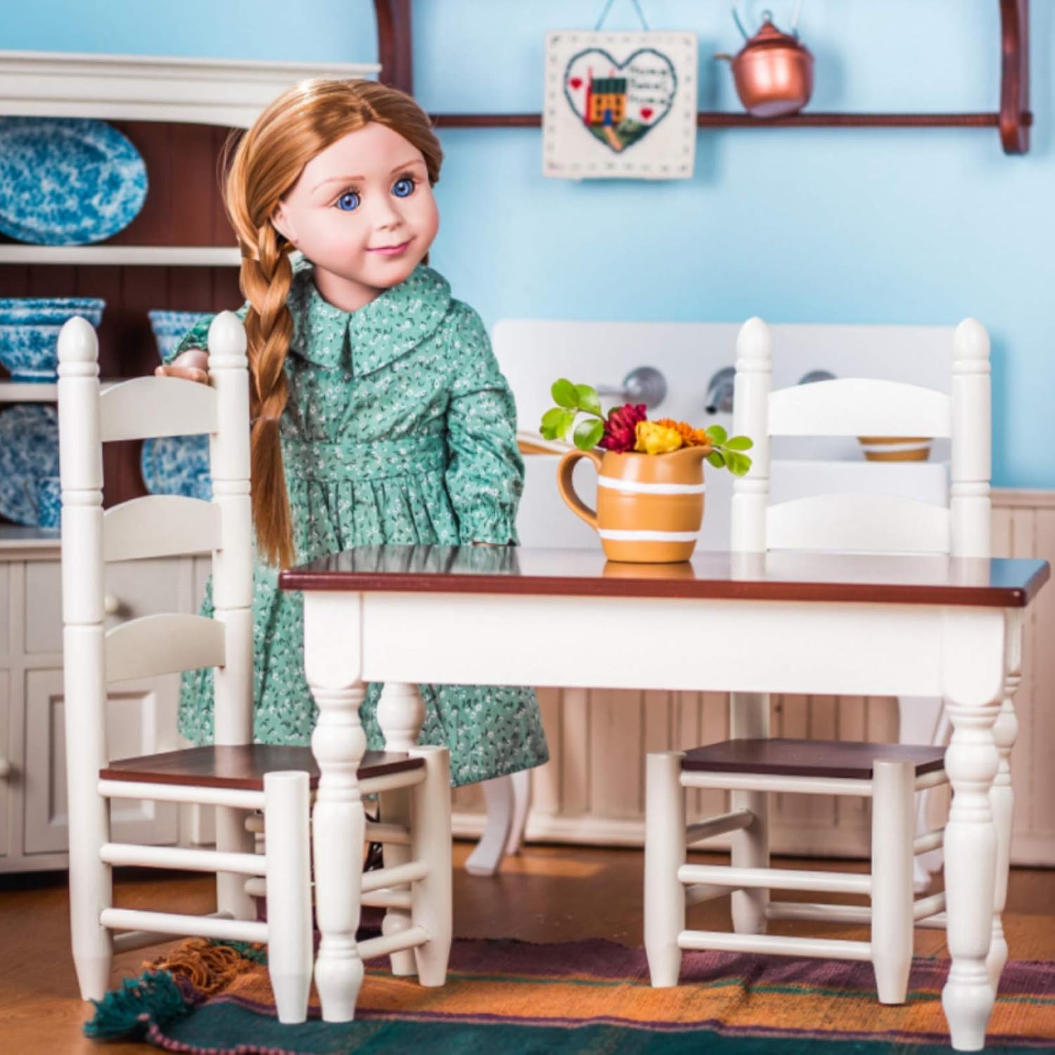 THE QUEEN'S TREASURES 18 Inch Doll Furniture, Farmhouse Collection Fully Assembled Wooden Kitchen Table and Two Chairs, Compatible with American Girl Kitchen Furniture