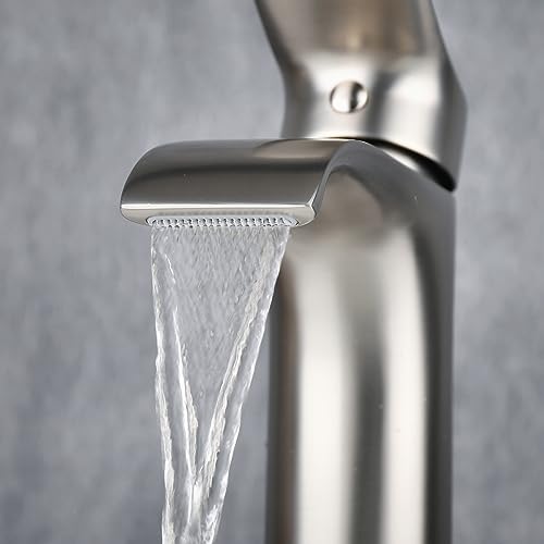 Tall Vessel Sink Faucet Bathroom Waterfall Faucet Brushed Gold Finished Single Handle Matte Black Vanity Bathroom Faucet Basin Mixer Tap with Water Supply Hose and Pop Up Sink Drain