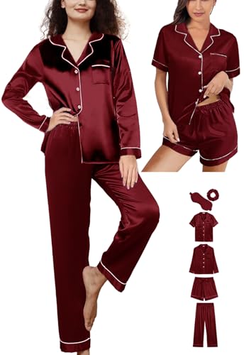 6Pcs Womens Silk Satin Pajamas Set XS-XXL Pajama Sets Pjs Set Button Down Pj Sets Sleepwear Loungewear