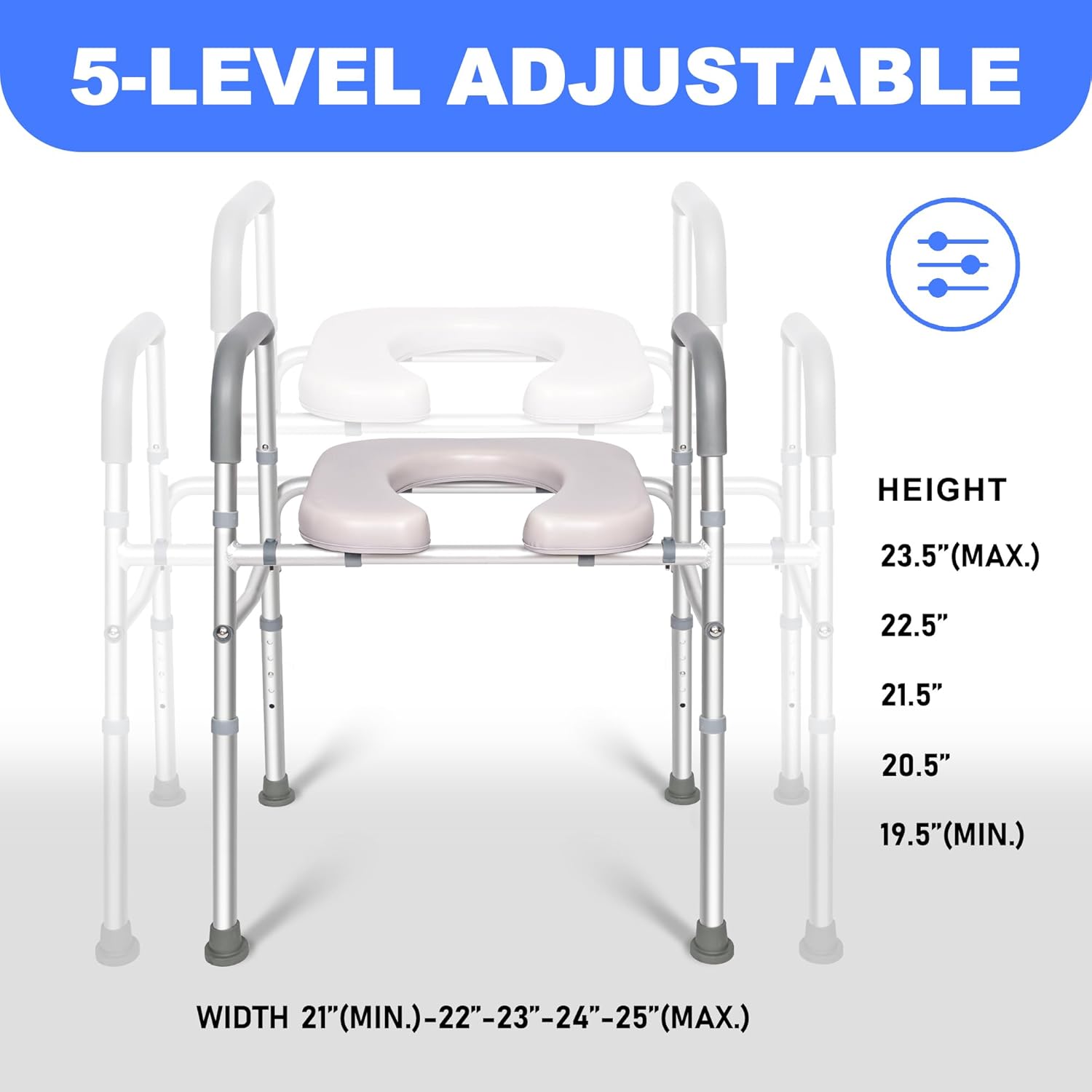 Raised Toilet Seat with Handles, Width Adjustable Toilet Seat with Arms Fits Any Toilet, 400 lbs Toilet Seat Riser for Seniors, Disabled and Pregnant, Space Saving