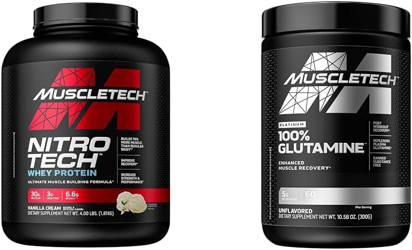 MuscleTech Whey Protein Powder, Nitro-Tech Whey Protein Isolate & Peptides, Protein + Creatine & Glutamine Powder 100% Pure L Glutamine Powder | Post Workout Recovery Drink