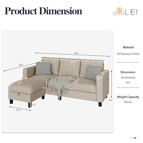 SUNLEI L Shaped Small Sectional Sofa, 3 Seat Modular Sofa with Reversible Chaise Lounge & Ottoman Storage for Small Spaces, Linen Fabric (Black)