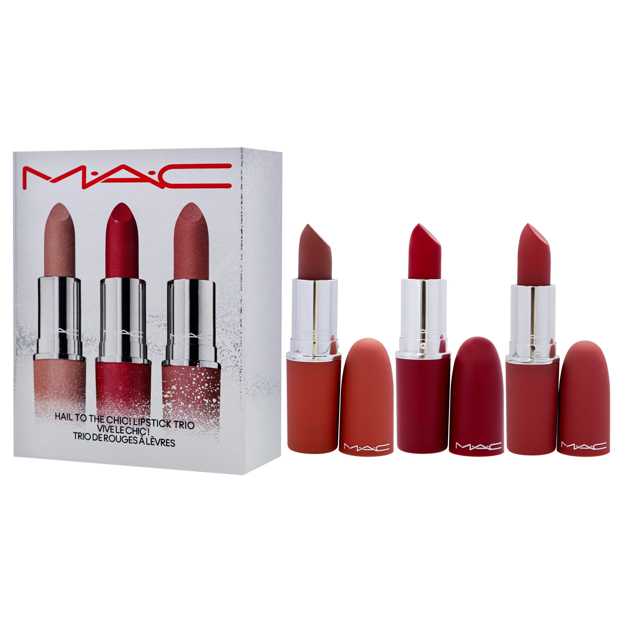 MAC Hail To The Chic Lipstick Trio , 3 Pc 0.10oz Powder Kiss Lipstick - 931 Teddy, 0.10oz Powder Kiss Lipstick - 923 Stay Curious, 0.10oz Retro Matte Lipstick - 707 Rudy Woo