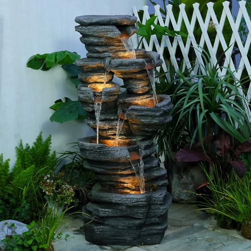 6-Tier Cascading Rock Water Fountain Outdoor Garden Waterfall Decor for Garden, Patio, Backyard, Deck, Porch and Home Art Decor,24.4