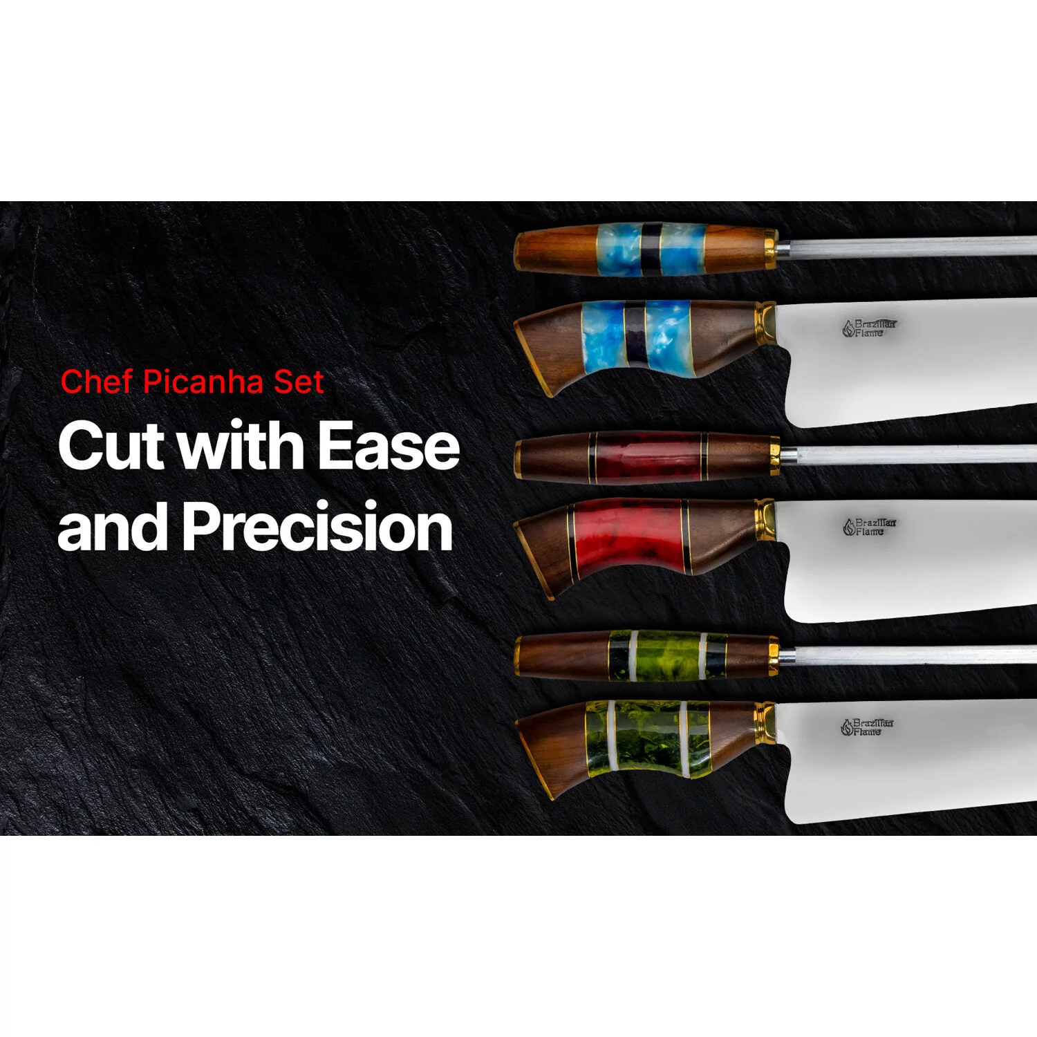 Brazilian Flame Chef Picanha 10-inch Stainless Steel Knife Set with Sharpener in Blue