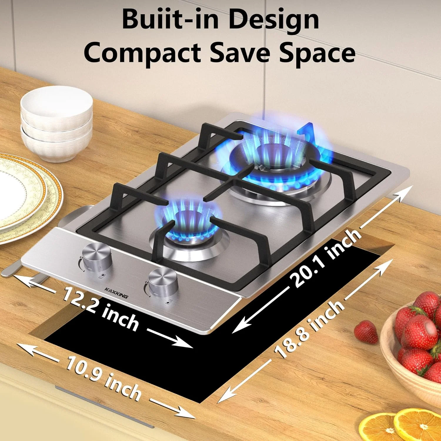 KOXKING 2 Burner Gas Cooktop, 12 Inch NG/LPG Dual Fuel  Gas Stove Top, Stainless Steel Propane Cooktop with Thermocouple Protection, Bulit-in Gas Hob