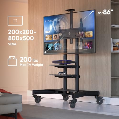 ONKRON Mobile TV Stand on Wheels for 50-86 Inch TVs, max Load up to 233 lbs, Adjustable Height TV Stand Movable, max VESA 800x500 - Portable, Rolling TV Cart with Wheels and Shelves Black