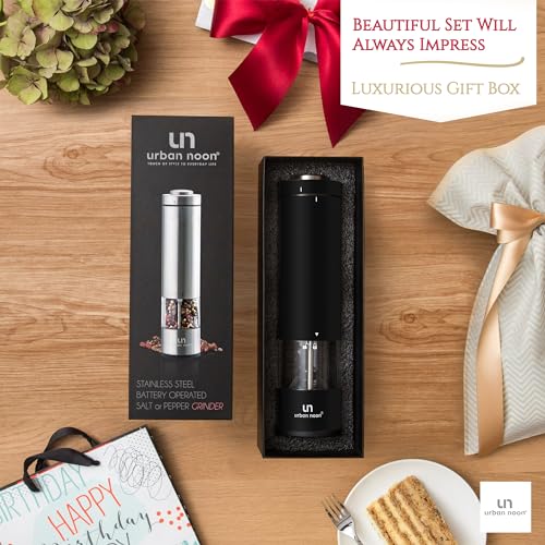 Electric Salt and Pepper Grinder Set - Battery Operated Stainless Steel Mill with Light (2 Black Mills) - Automatic One Handed Operation - Electronic Adjustable Shakers - Ceramic Grinders