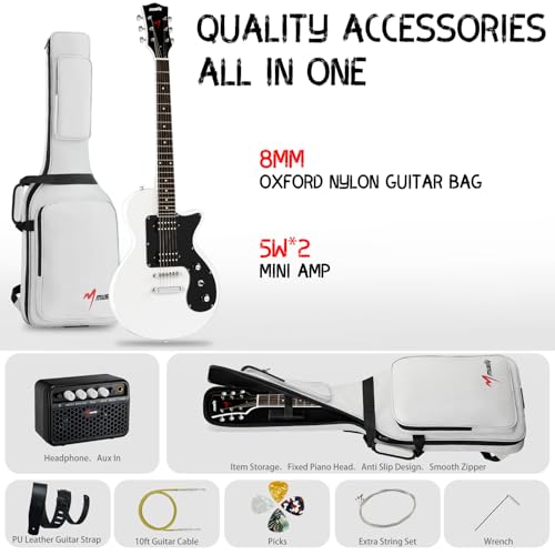 MLP-1 39 Inch Electric Guitar Kit, Beginner LP Full Size Solid Body Electric Guitar With HH Pickups, Gig Bag, Amplifier, Strap, Cable, Picks, String (White)
