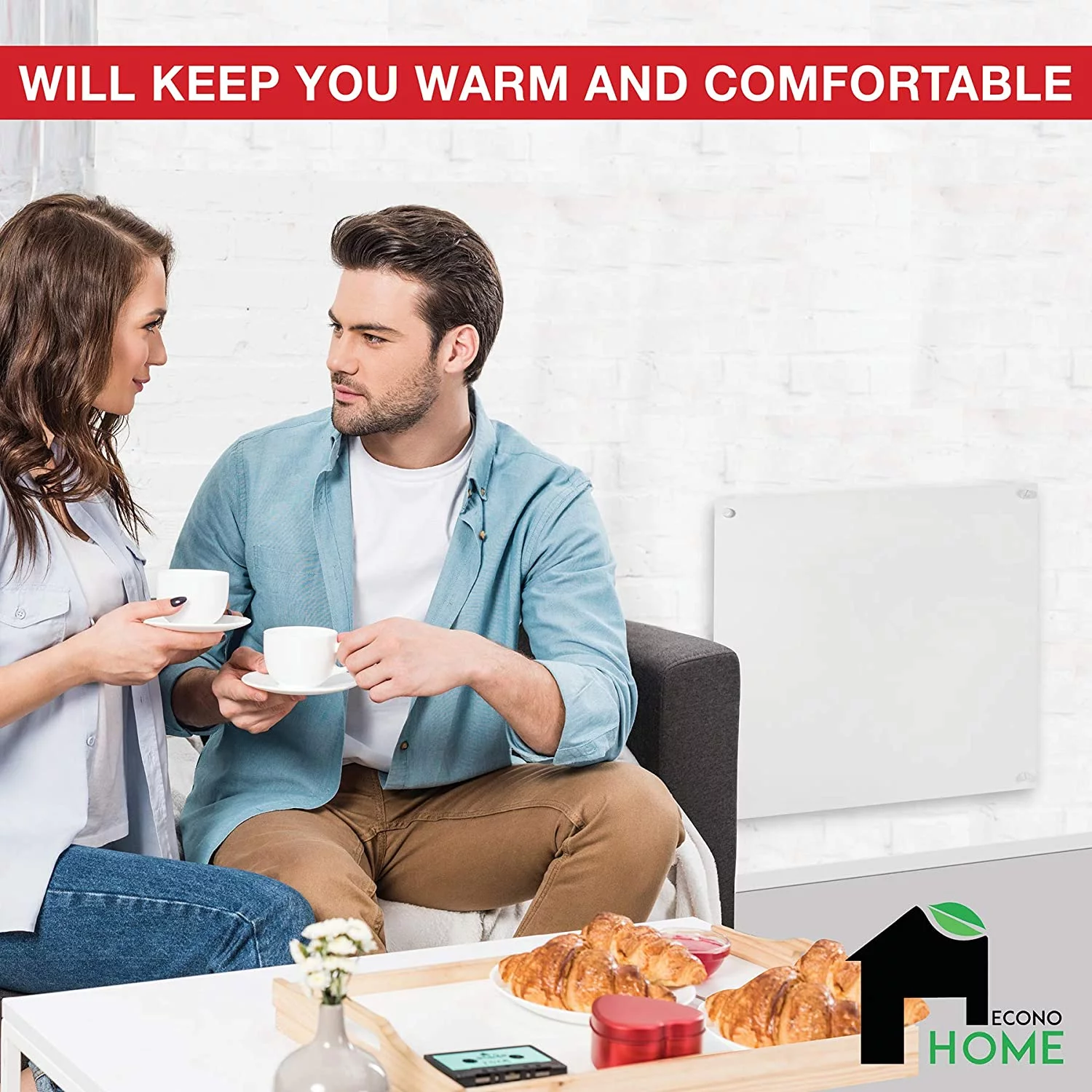 EconoHome Wall Mount Space Heater Panel - 250 Watt Splashproof Convection Heater - Ideal for 100 Sq Ft Room or Bathroom - 120V Electric Heater - Save Up to 50% of Heating Cost - Overheat Protection