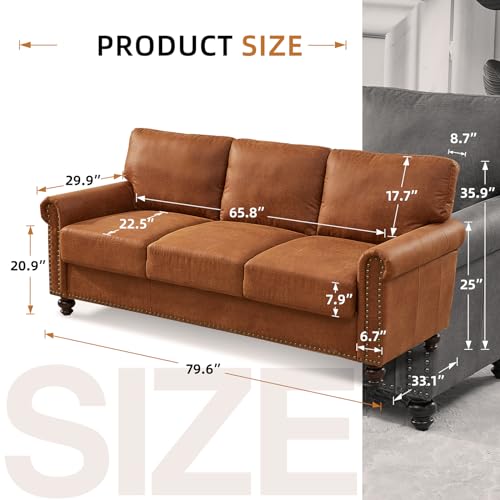 80” Sofa Couch with Storage, Mid Century Modern Rolled Arm Couches for Living Room Furniture Sofas, Nailhead Trim, Easy Assembly, Coffee