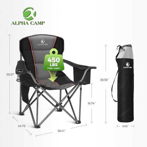 ALPHA CAMP Oversized Camping Folding Chair, Heavy Duty Support 450 LBS Steel Frame Collapsible Padded Arm Chair with Cup Holder Quad Lumbar Back, Portable for Outdoor