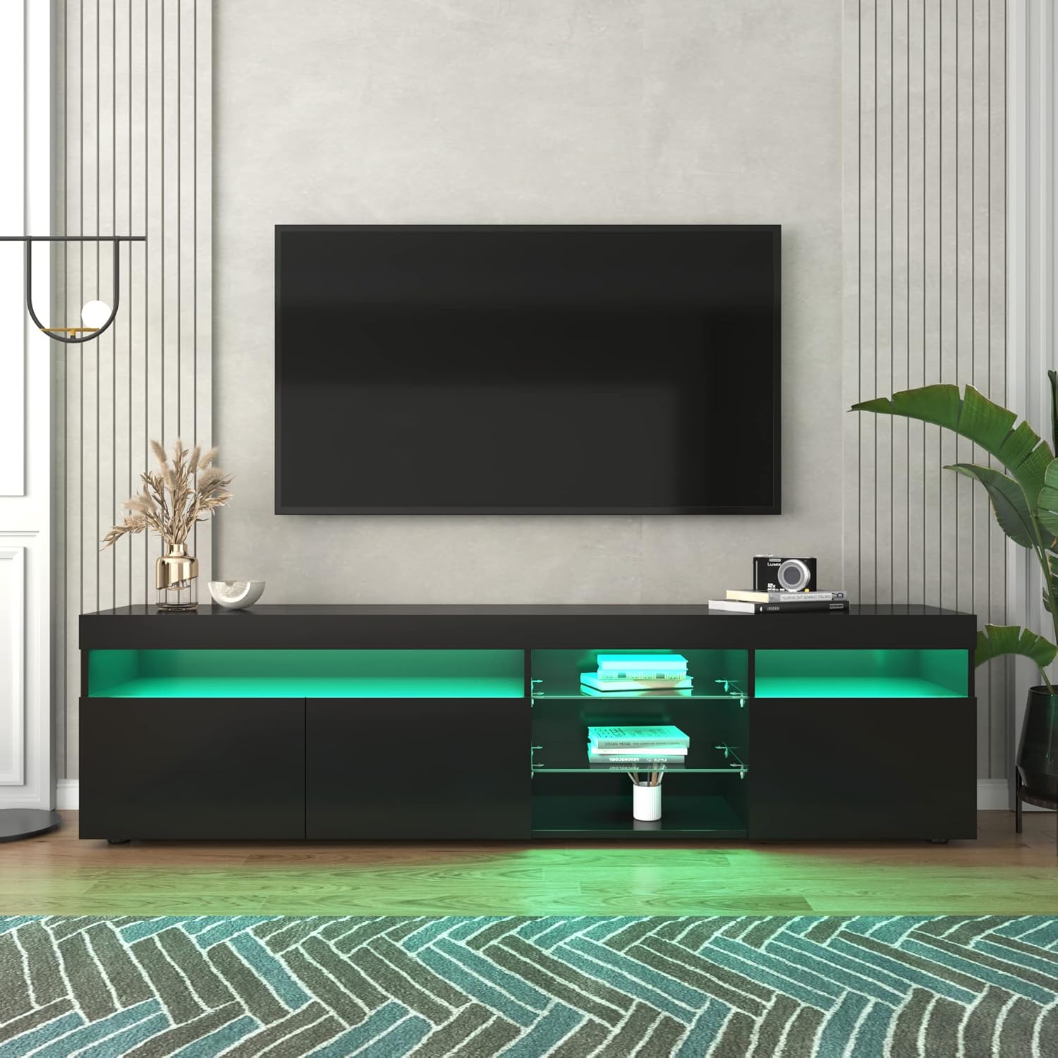 Modern Design TV Stands for TVs up to 80'', LED Light Entertainment Center, Media Console with Multi-Functional Storage, TV cabinet for Living room,Bedroom, Home Theatre (Black)