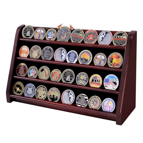 Challenge Coin Display Case, 5 Row Military Coin Wooden Holder Rack Stand Holds 50 Coins for Desk or Wall Mount, Coin Holders for Collectors (Black Finish)